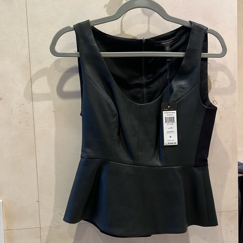 BCBG leather peplum top NWT